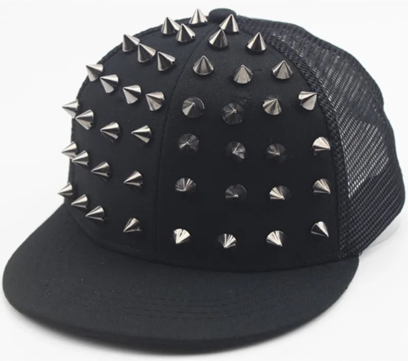 Black flat hat baseball cap adorned with silver rivets and a mesh back