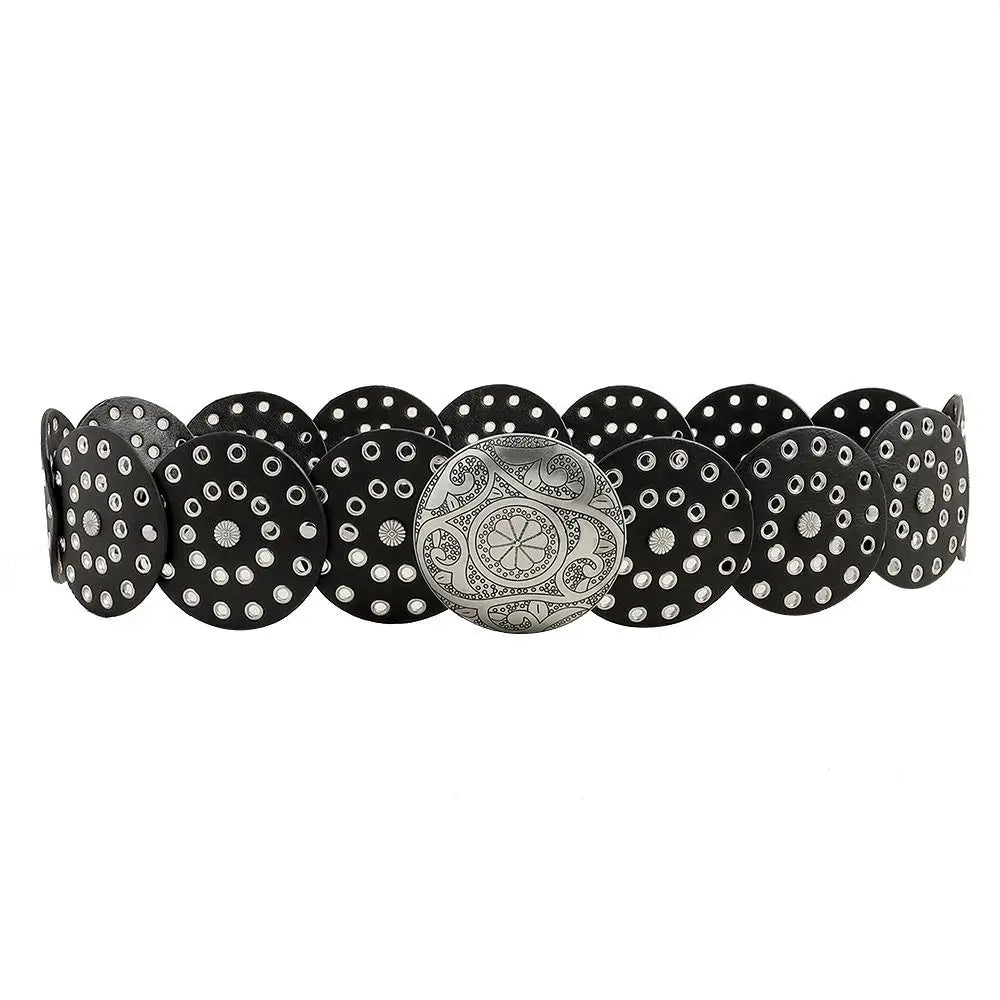 A collection of vintage PU disc belts with metal buckles in black and silver patterns.