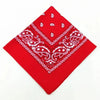 A red cotton bandana scarf featuring white paisley and geometric patterns.
