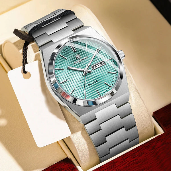 A silver-toned luxury men's waterproof quartz wristwatch with a light blue dial and stainless steel bracelet is displayed in 