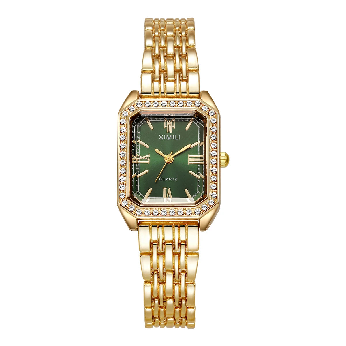 Reloj de cuarzo dorado con esfera verde y detalles de pedrería en la bisel y dial.
