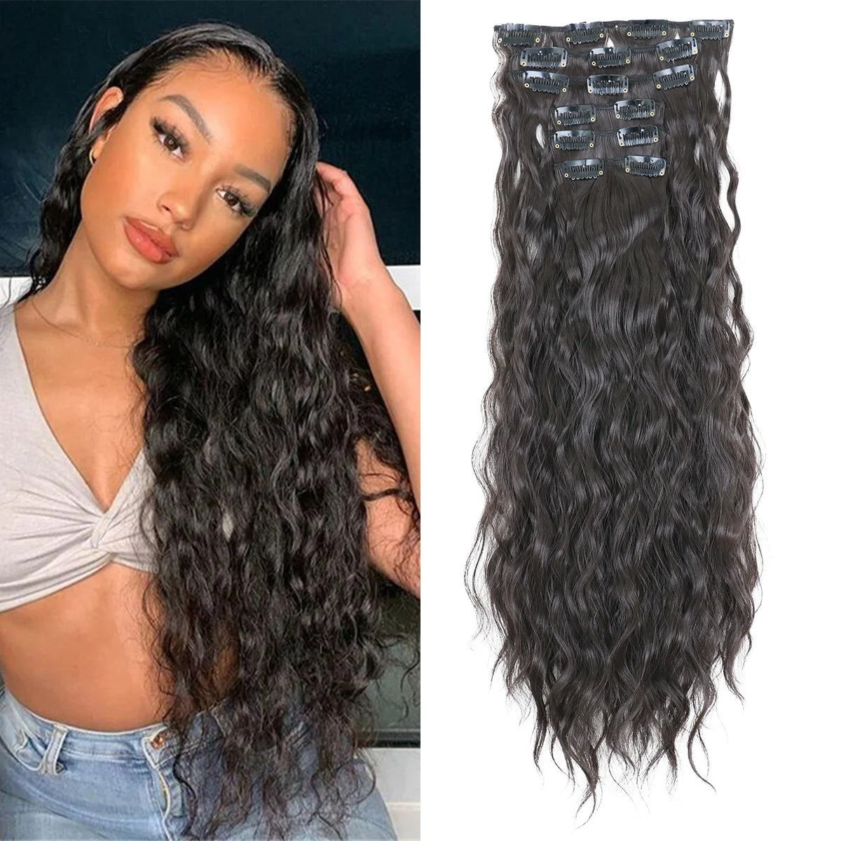 Long black curly hair extensions with 16 clips, 22 inches in length.