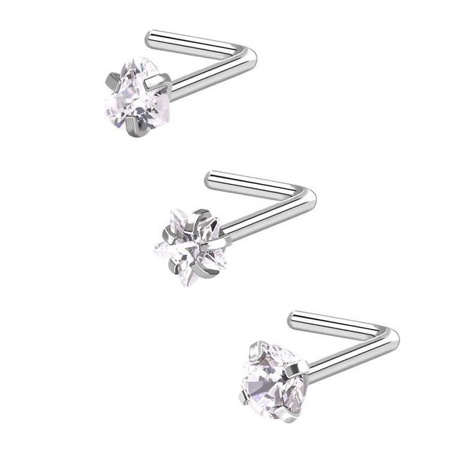 Three sterling silver heart star zirconia nostril stud earrings displayed against a white background.