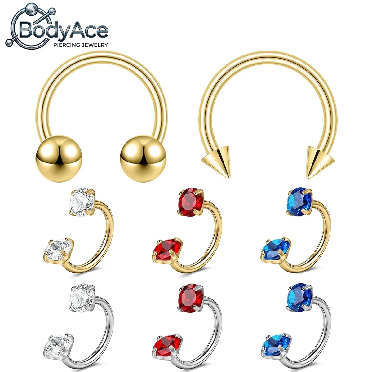 A set of titanium steel nose rings featuring various styles and CZ crystals in gold tone.