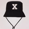 Black sun hat with a white letter X print and an adjustable cord