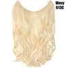 A bundle of wavy, blonde hair extensions is displayed against a white background.