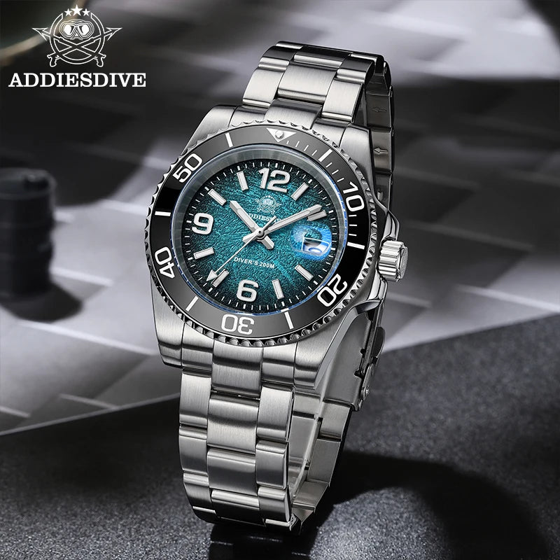 A silver diving quartz wristwatch with a blue luminous dial and black bezel displayed on a dark surface.