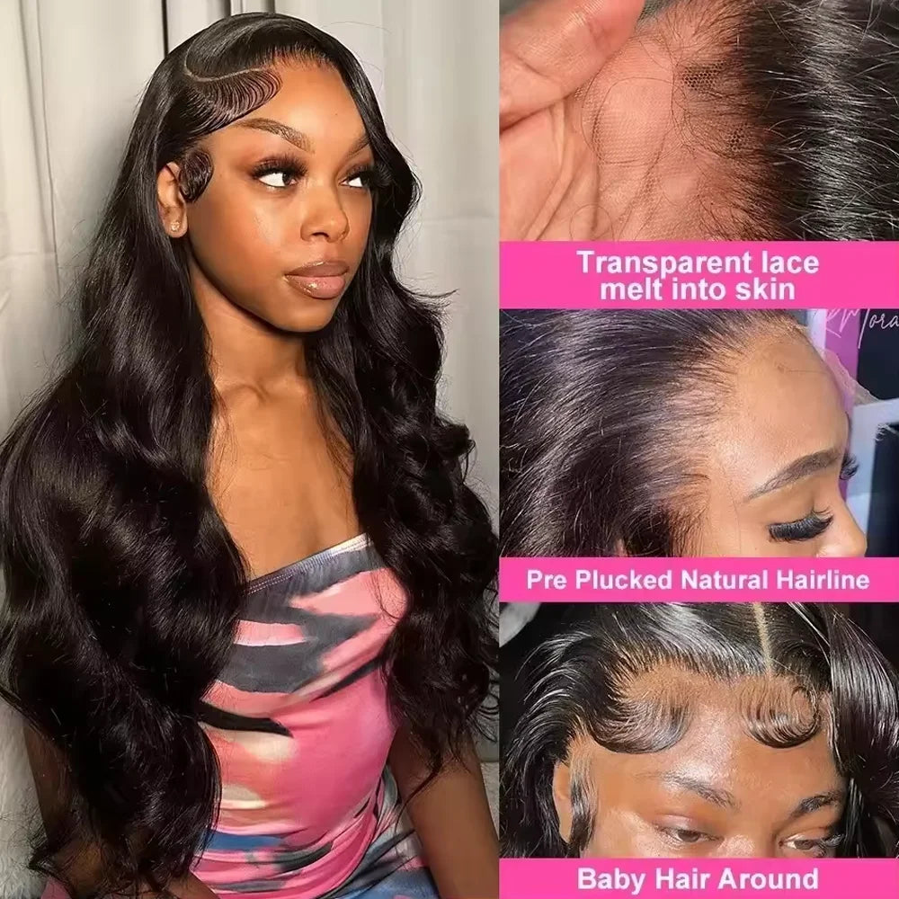 Close-up of a model wearing a Peruvian Body Wave HD Lace Front Wig showing natural hair blend and melt into skin effect.