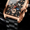 Nahaufnahme einer Rose-Gold- und schwarzen Uhr mit strukturiertem Zifferblatt und schwarzem Armband.