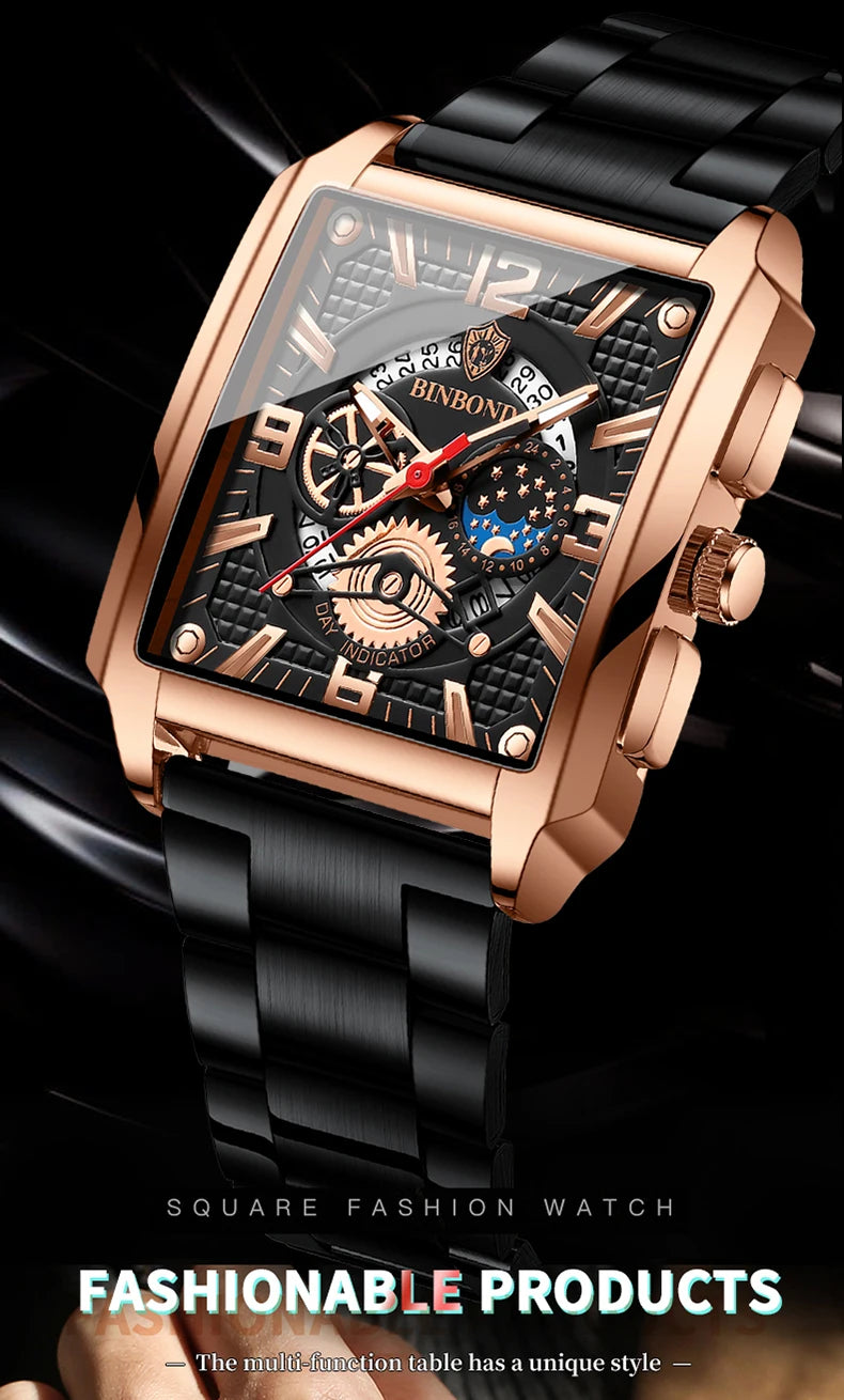 Nahaufnahme einer Rose-Gold- und schwarzen Uhr mit strukturiertem Zifferblatt und schwarzem Armband.