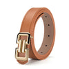 A brown leather belt with a gold-toned buckle shown from the side.