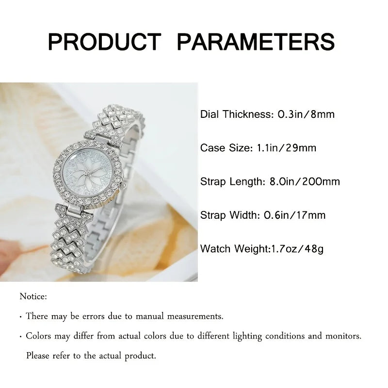 A silver rhinestone quartz watch and bracelet set displayed with technical parameters.