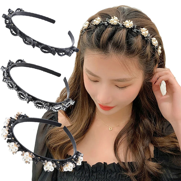 A woman is wearing black and pearl double layer hair hoops styled in a braid.