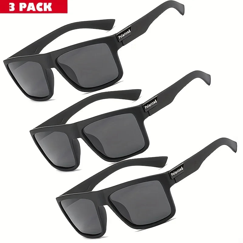 A set of three polarized sport sunglasses in black frames and gray lenses.