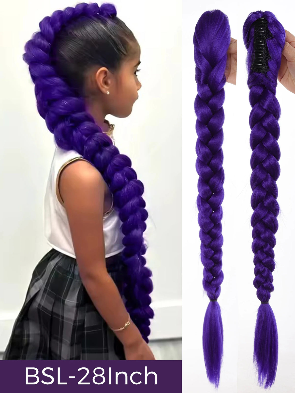 Purple braided hair ponytail with tinsel extensions shown on a model and as a separate display