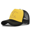 A yellow and black adjustable baseball cap with embroidered text on the front.