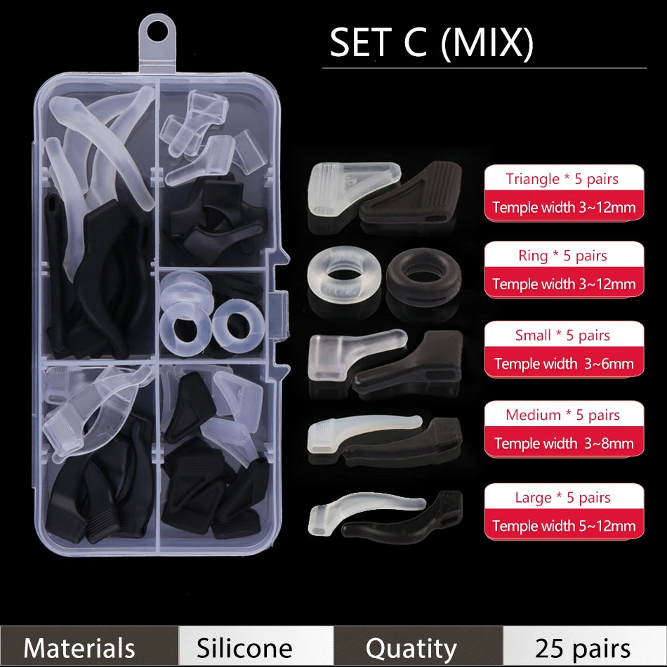 A clear plastic storage case containing various silicone ear grip hooks for glasses and sunglasses in different sizes
