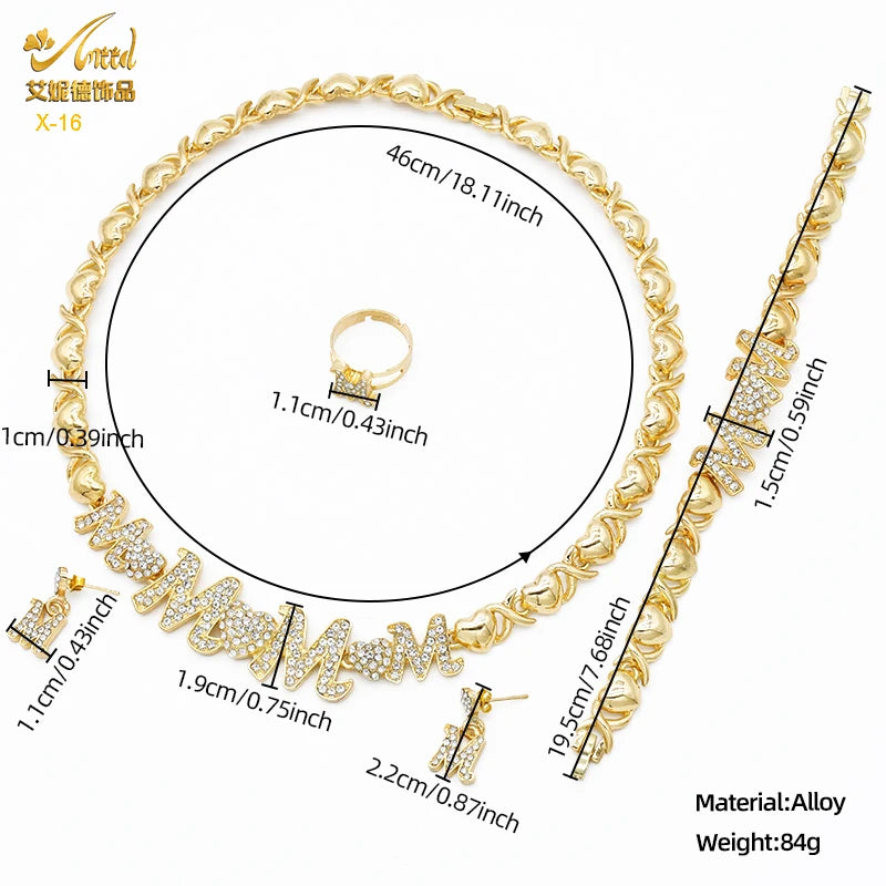 Gold heart crystal jewelry set featuring a necklace and earrings for wedding or party