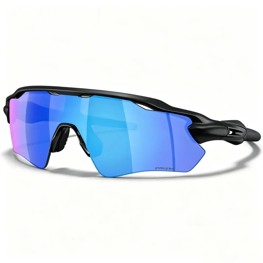 A pair of blue polarized cycling sunglasses with a black TR-90 frame shown against a white background.
