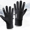 A pair of black winter gloves with a thumb grip and a toggle switch visible against a white background.