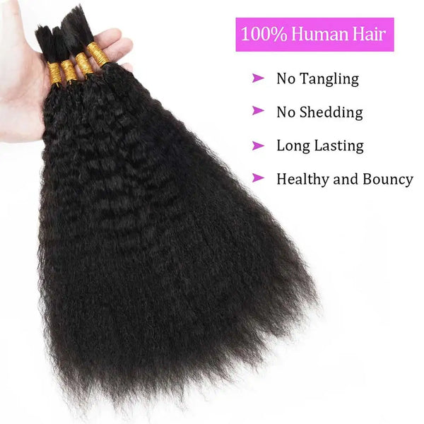 A bundle of black kinky straight human hair extensions with gold accents
