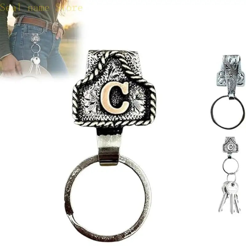 Silver letter C pendant on a keyring and belt keychain