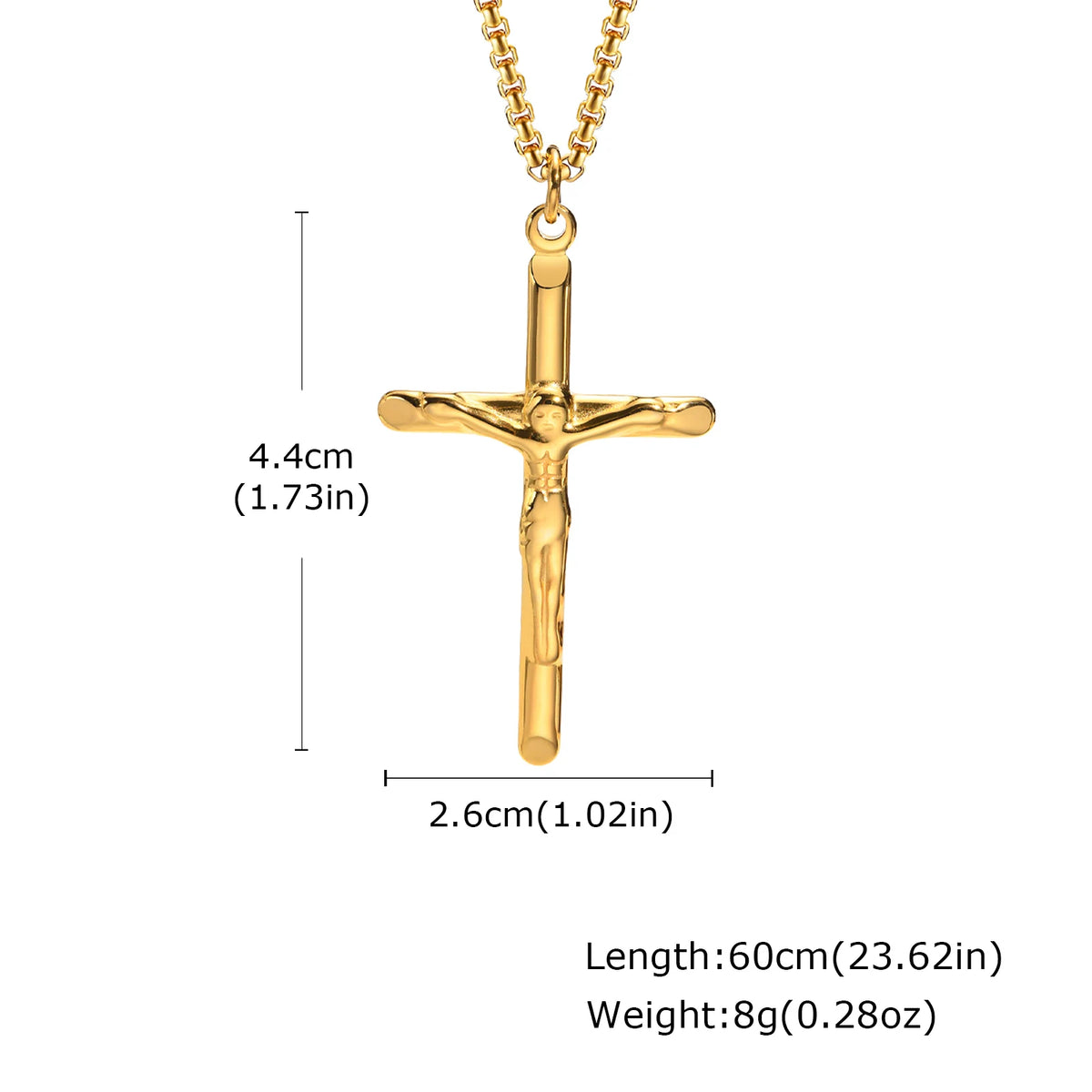 Gold finish stainless steel cross necklace with a chain and a pendant.