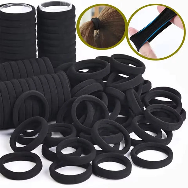 A collection of black elastic hair ties for ponytails and buns, shown with close-ups.