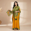 A woman models a vibrant yellow floral butterfly peacock cape shawl draped over her shoulders.