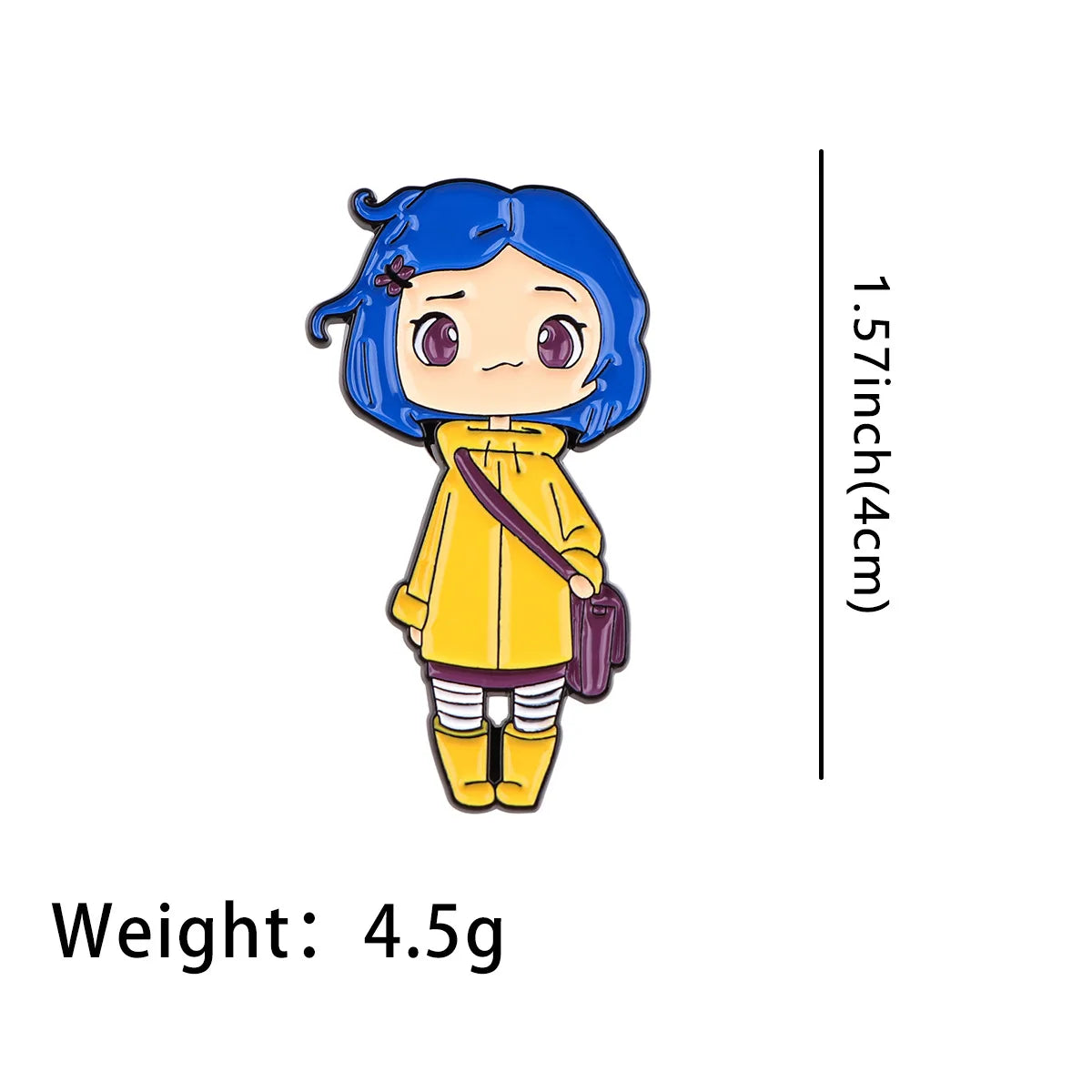Emaille-Anstecker mit einem Chibi-Charakter mit blauem Haar und gelber Kleidung.