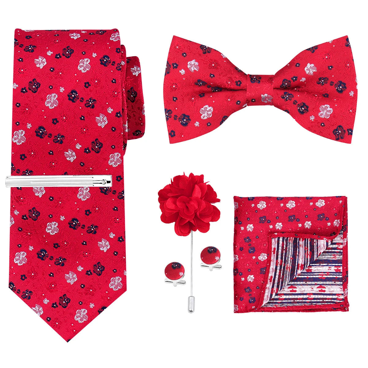 A set of red floral patterned men's tie, bow tie, and pocket square.