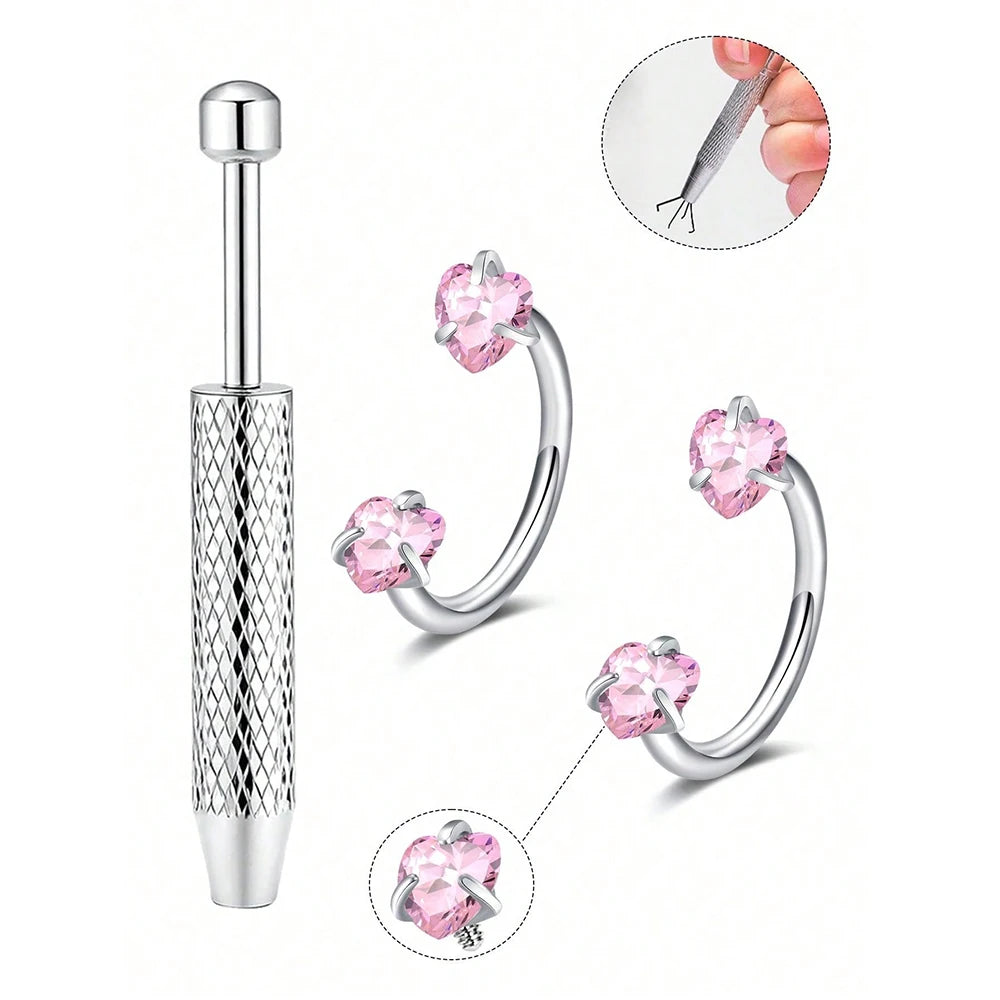Stainless steel horseshoe nose studs with ball grabbers shown in various angles and close-ups