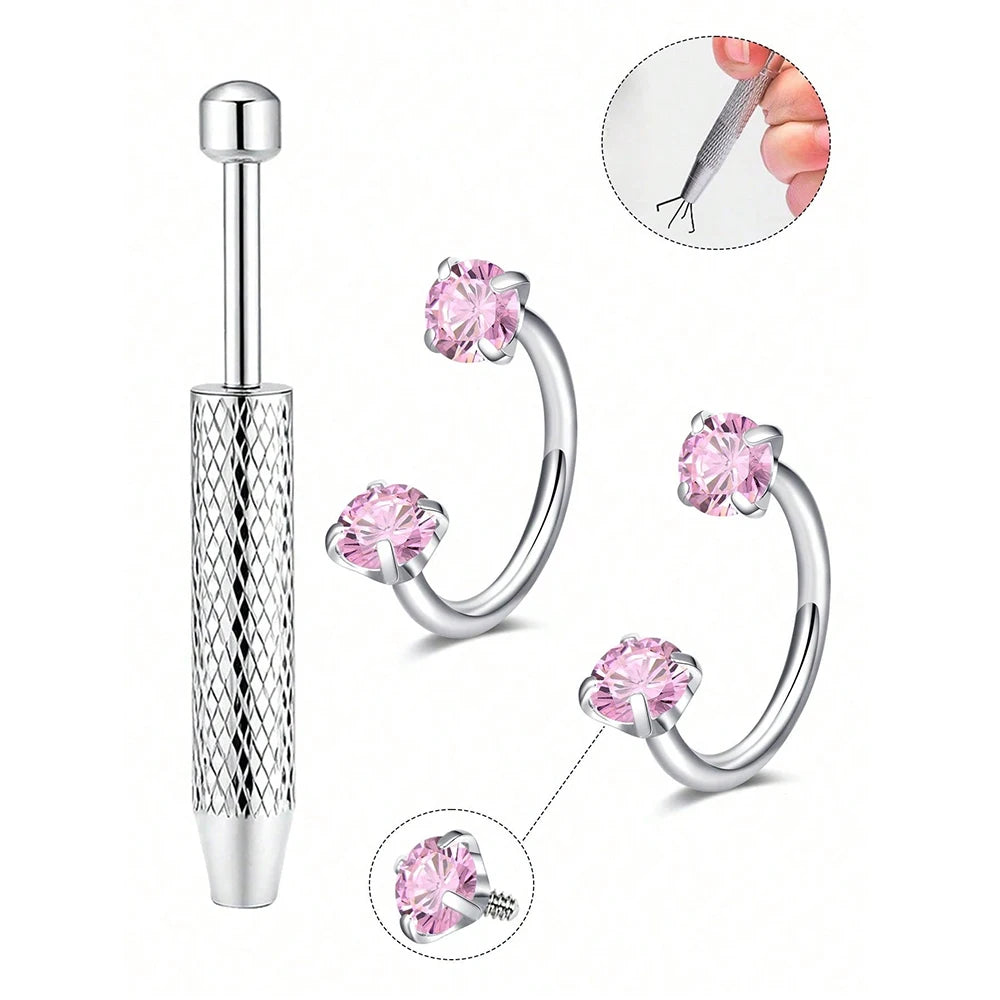 Stainless steel horseshoe nose studs with ball grabbers shown in various angles and close-ups