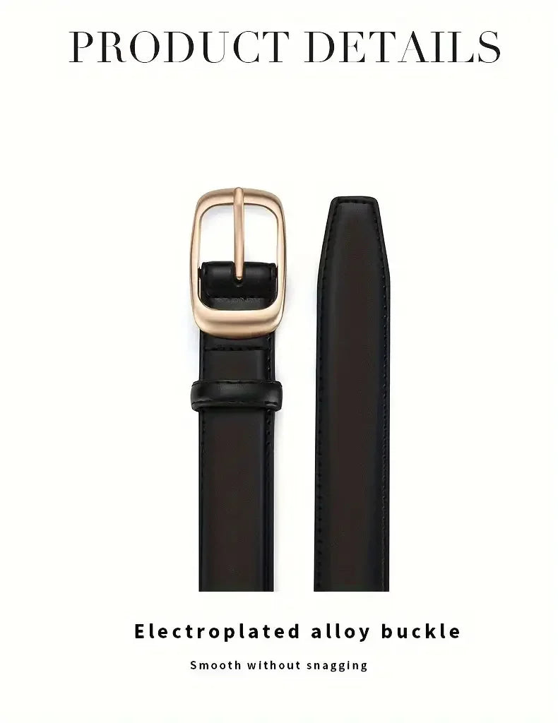 A close-up view of a black leather belt with a rose gold electroplated alloy buckle.