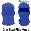 A royal blue balaclava cap shown in front and side view with size measurements.