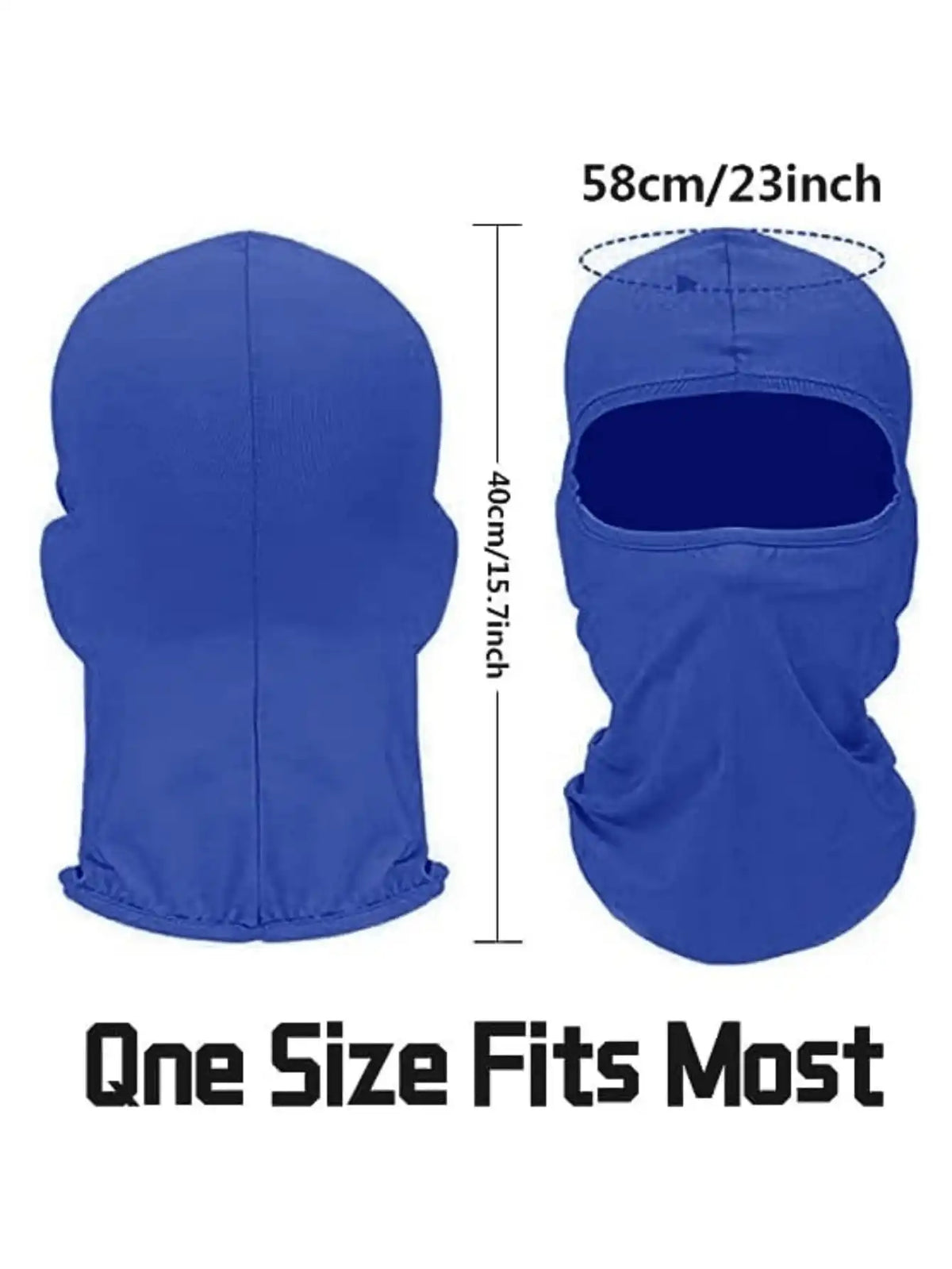 A royal blue balaclava cap shown in front and side view with size measurements.