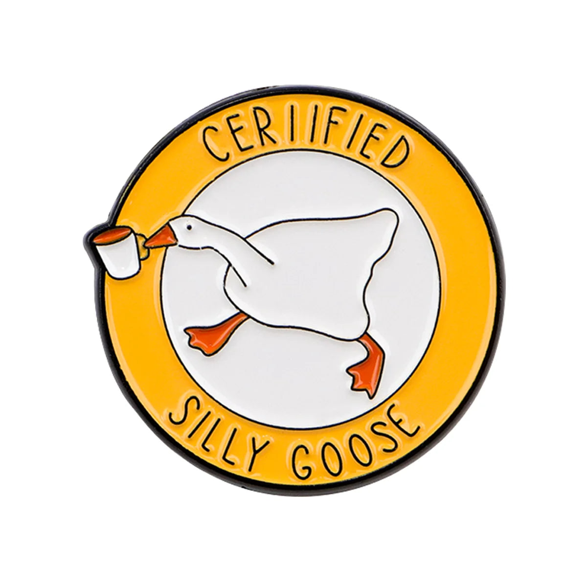 A yellow enamel pin featuring a white goose with an orange beak and the text Certified Silly Goose.