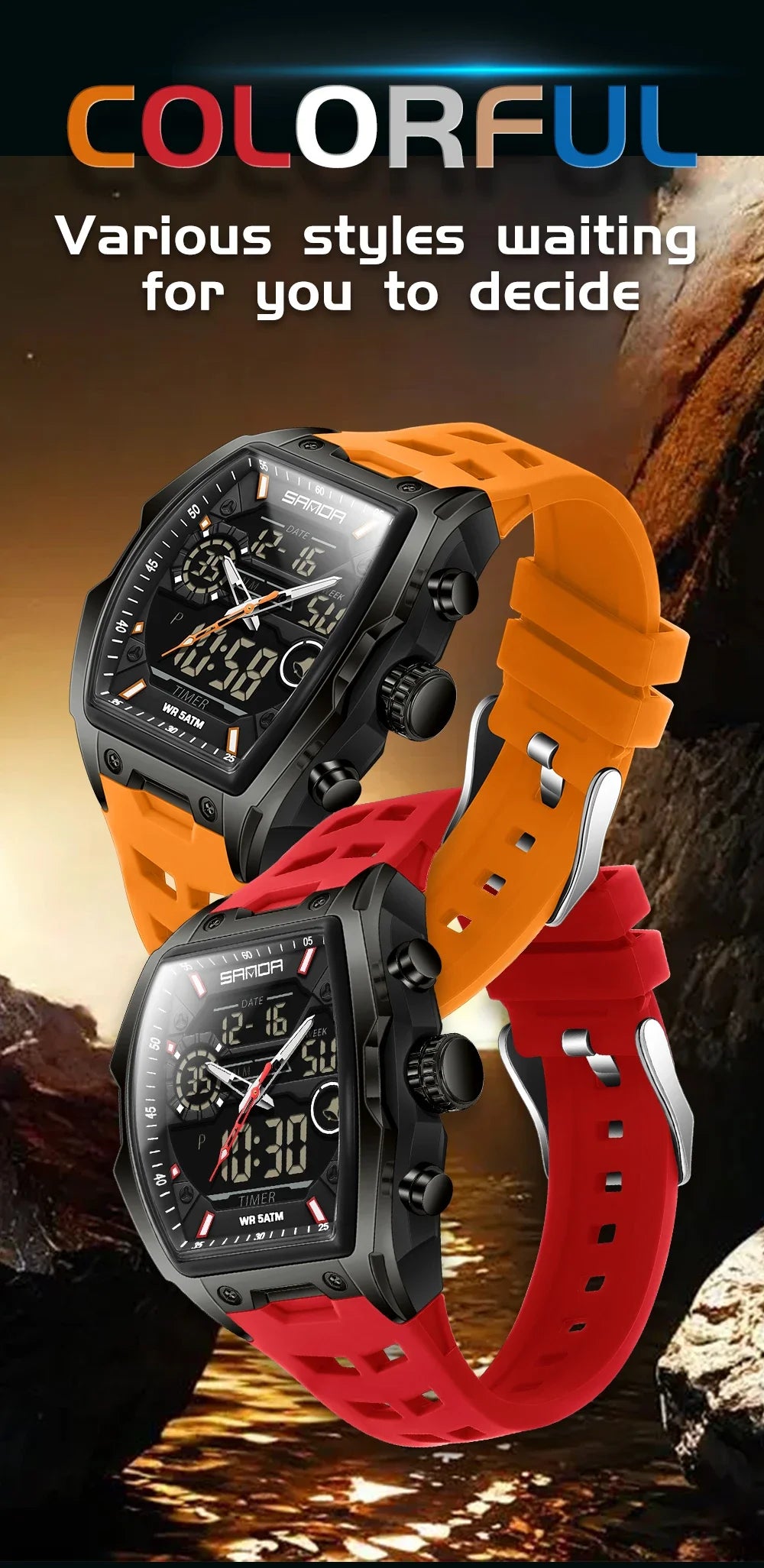 Nahaufnahme einer orange-schwarzen Herren-Chronographen-Armbanduhr auf dunklem, felsigem Hintergrund.