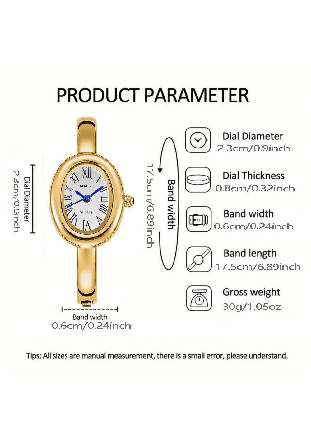 A gold-toned quartz analog watch with a round face and a gold-toned metal band.