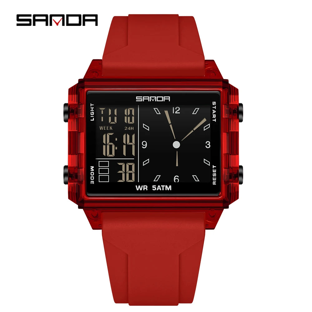A red digital wristwatch with a black display and stainless steel case is shown against a white background.