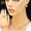 A close-up of a woman wearing gold heart crystal jewelry set including earrings and a necklace.