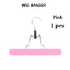 Pink wooden wig hanger with metal hooks for hair extensions