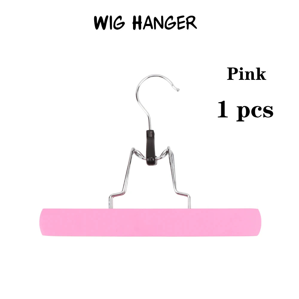 Pink wooden wig hanger with metal hooks for hair extensions