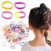 A collection of colorful elastic hair ties in various colors and styles, including rings and bands.