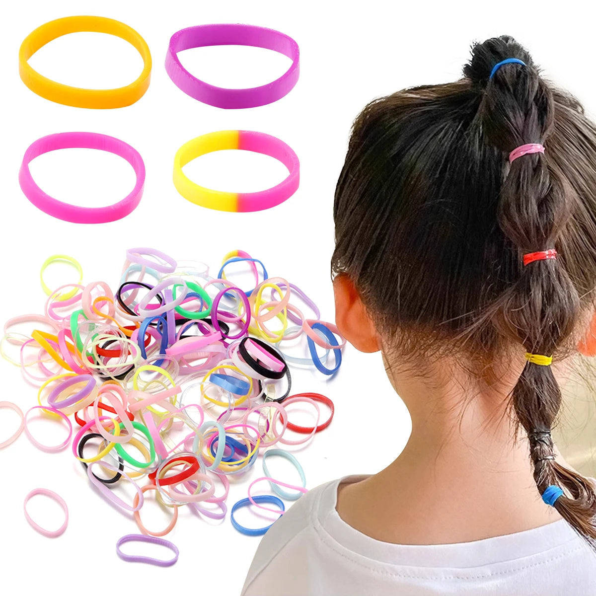 A collection of colorful elastic hair ties in various colors and styles, including rings and bands.