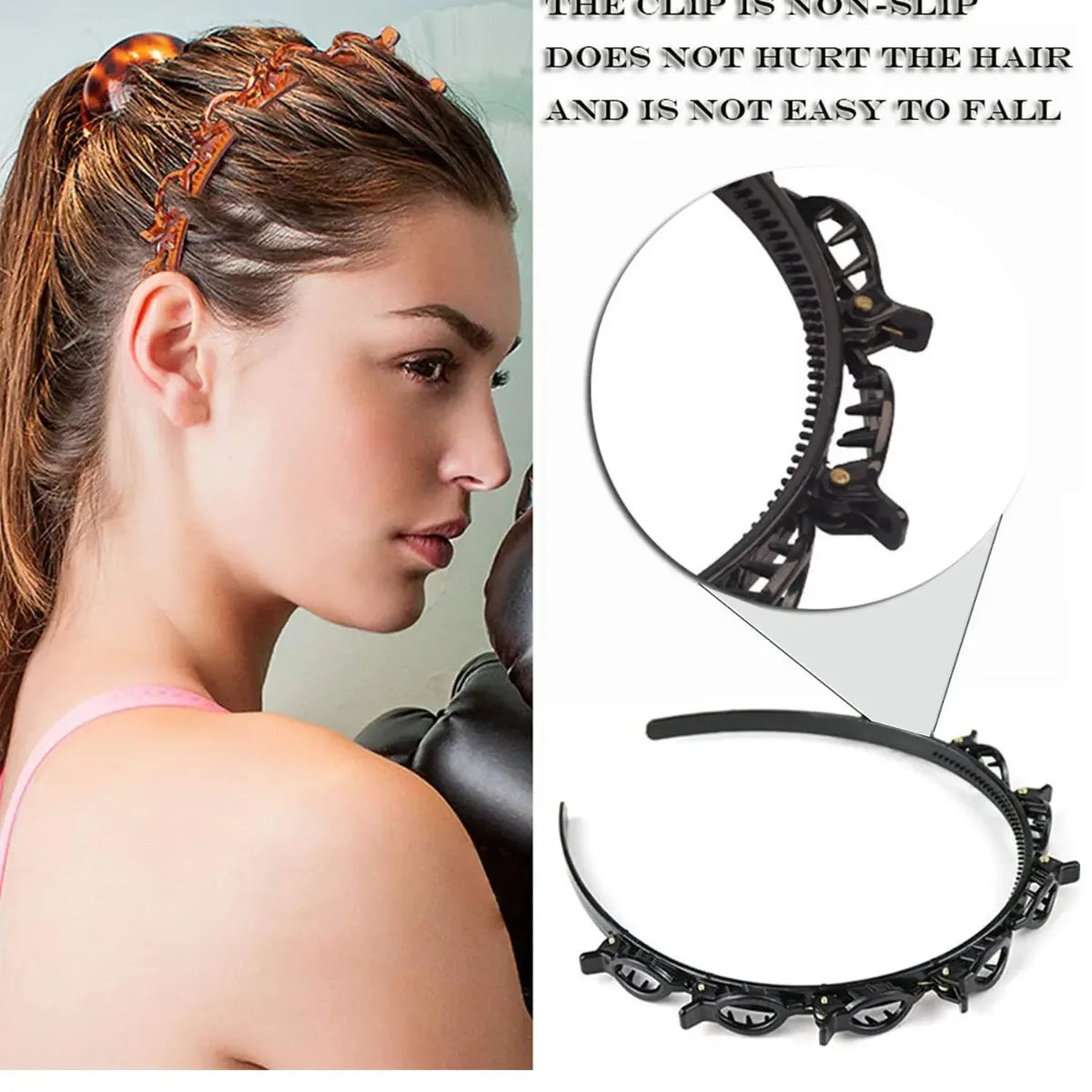 Nahaufnahme einer Frau mit einem schwarzen, doppellagigen geflochtenen Accessoire im Haar.