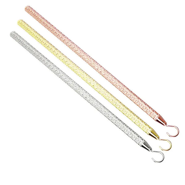 A set of five precision jewelry fastening pliers in various rose gold and silver tones.