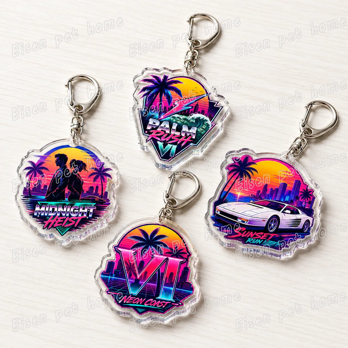 Three iridescent keychains featuring neon palm trees and cityscapes with the text Midnight Heist, Palm Rush, and Neon Coast.