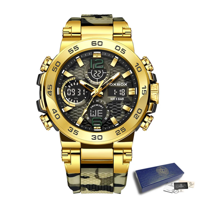 A gold-toned luxury men's chronograph dive watch with a black and gold dial and leather strap.