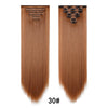 A pair of 30# brown hair extensions shown vertically, featuring a clip-in style with textured ends.